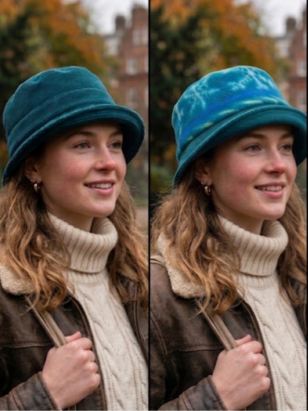 Reversible Bucket Hat Teal Corduroy/Fleece Multi Style Hat Flip Brim 2 in 1 Hat